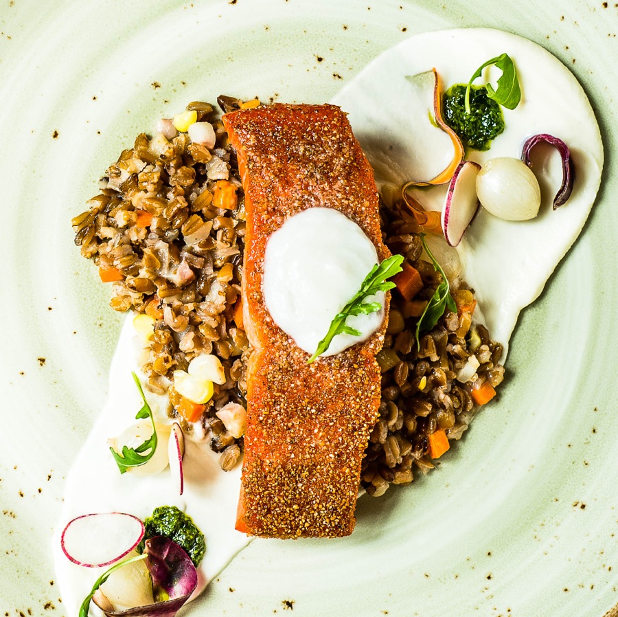 A crusted salmon dish